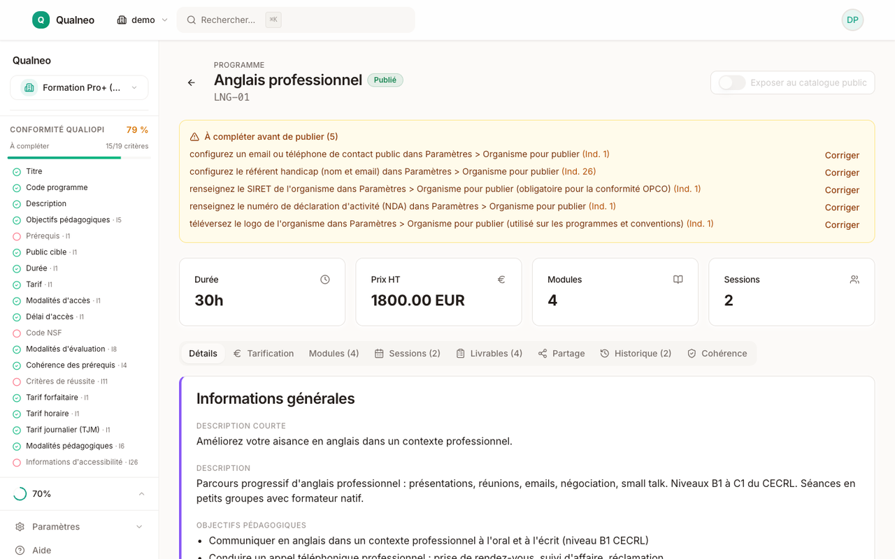Encart de publication d'un programme listant les informations manquantes, chacune rattachée à son indicateur Qualiopi